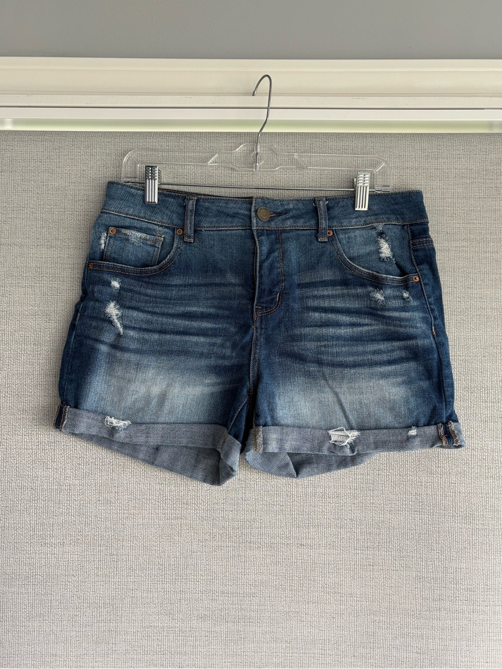 Denim Roll-Cuff Distressed Shorts